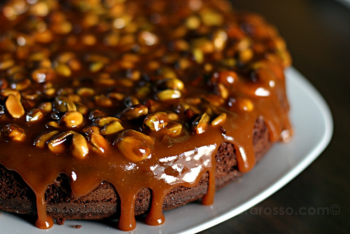 Chocolate Brownie Cake with Homemade Caramel and Pistachios